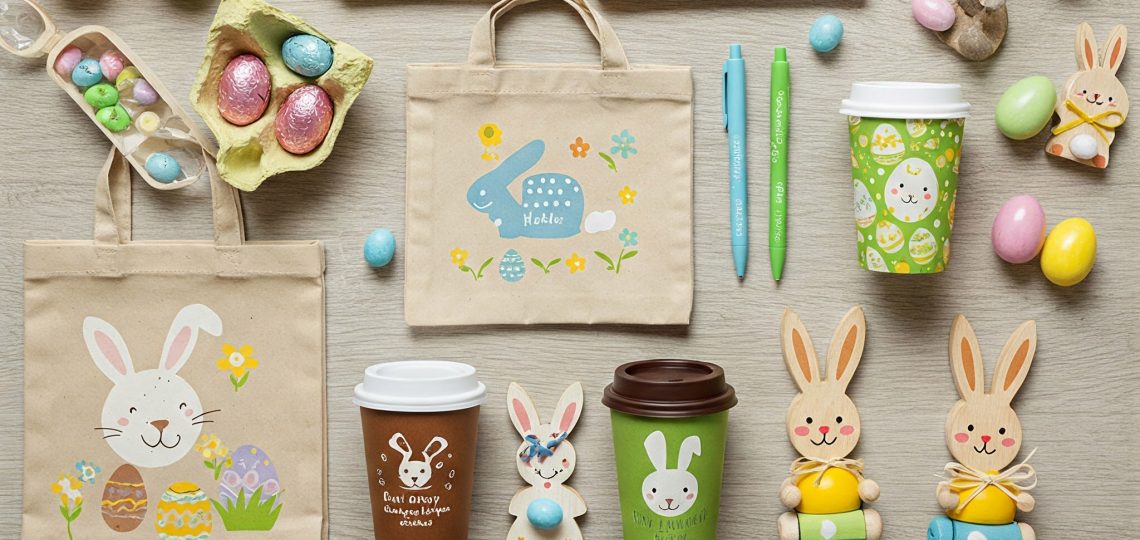 Eine vielfältige Sammlung umweltfreundlicher Osterwerbeartikel, darunter Schokoladeneier, Einkaufstaschen, Stifte, Tassen und Holzspielzeug, die Nachhaltigkeit und festliche Osterfreude hervorheben.