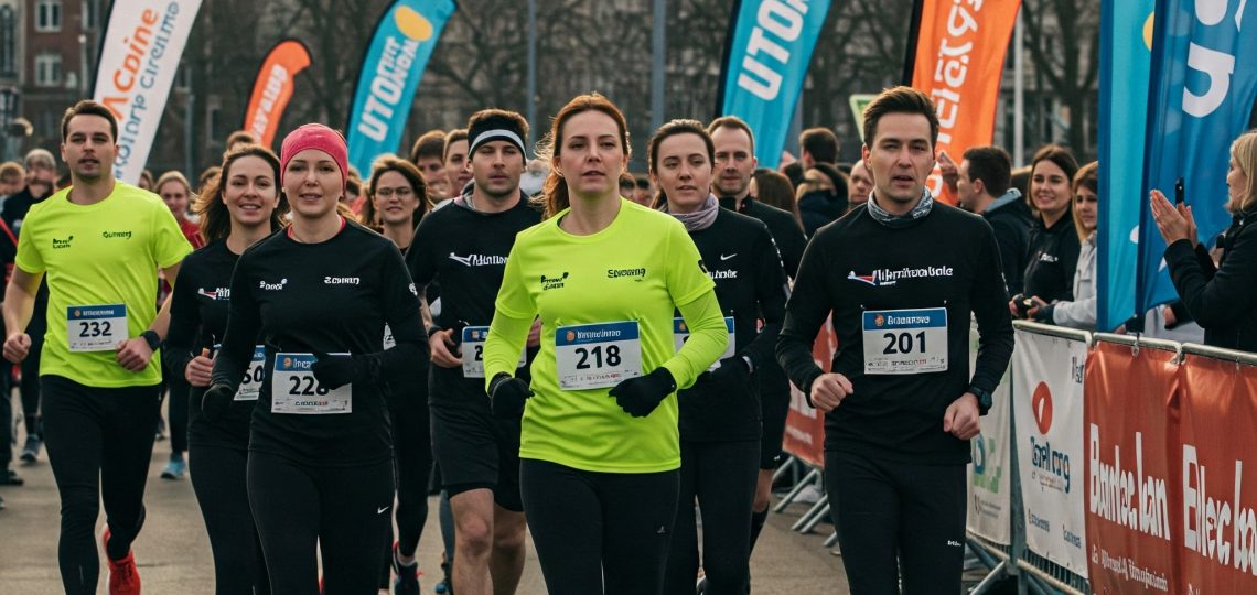 Europäer laufen im Februar für ihre Firmen. Teamgeist und Sport vereint. Firmenlogos sichtbar, Lächeln inklusive. Dynamischer Wettkampf im Winterlicht.