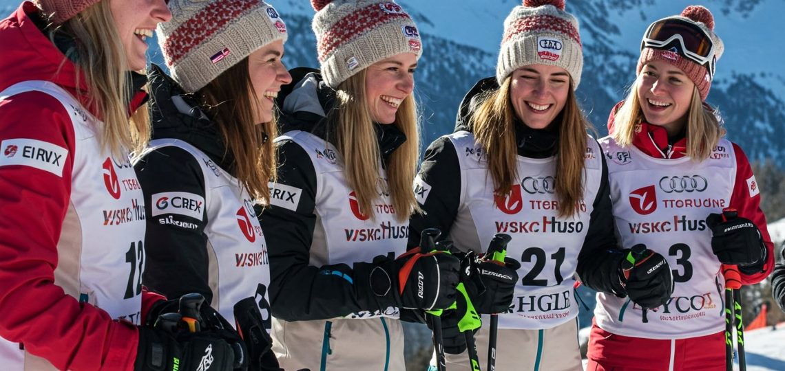 Winter-Sportteam von Frauen in farbenfrohen Jacken auf einem schneebedeckten Berg.