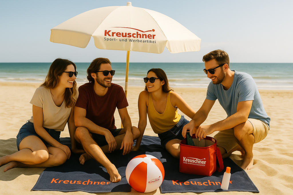 Vier junge Erwachsene sitzen unter einem Werbeschirm mit Kühltasche und Strandartikeln am sonnigen Strand.